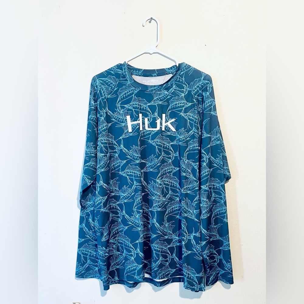 Huk Fishing Shirt Mens XL Performance Lightweight Stretch Blue Pattern Adult EUC